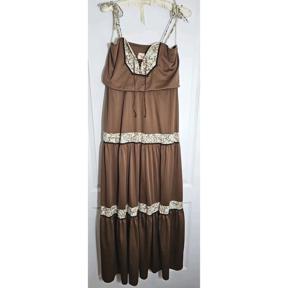 1970s Candi Jones Maxi Brown Hippie Prairie Dress Bohemian Size Medium 55in Long
